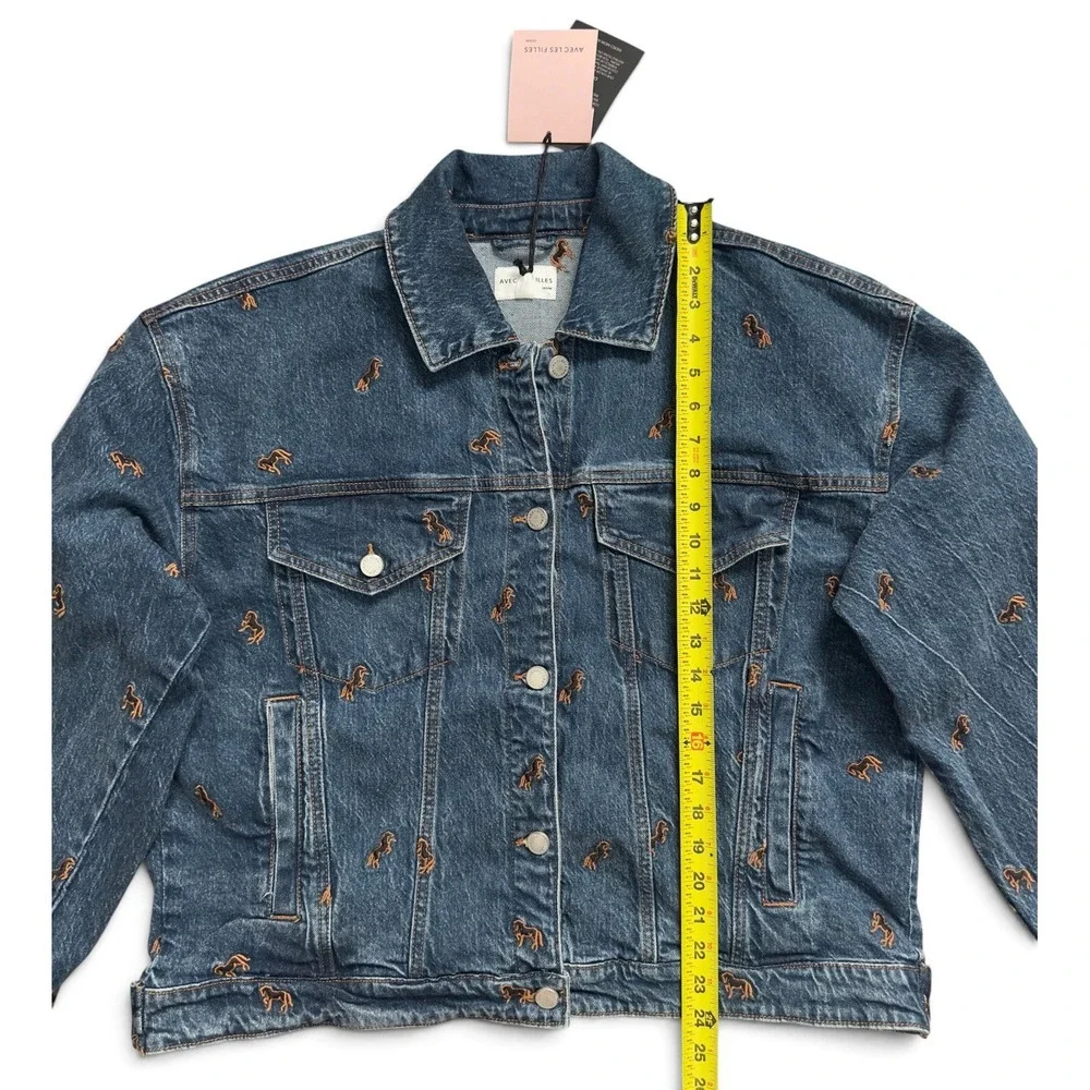 Avec Les Filles Horse Embroidered Denim Trucker Jacket Jean Blue Women's Size L
